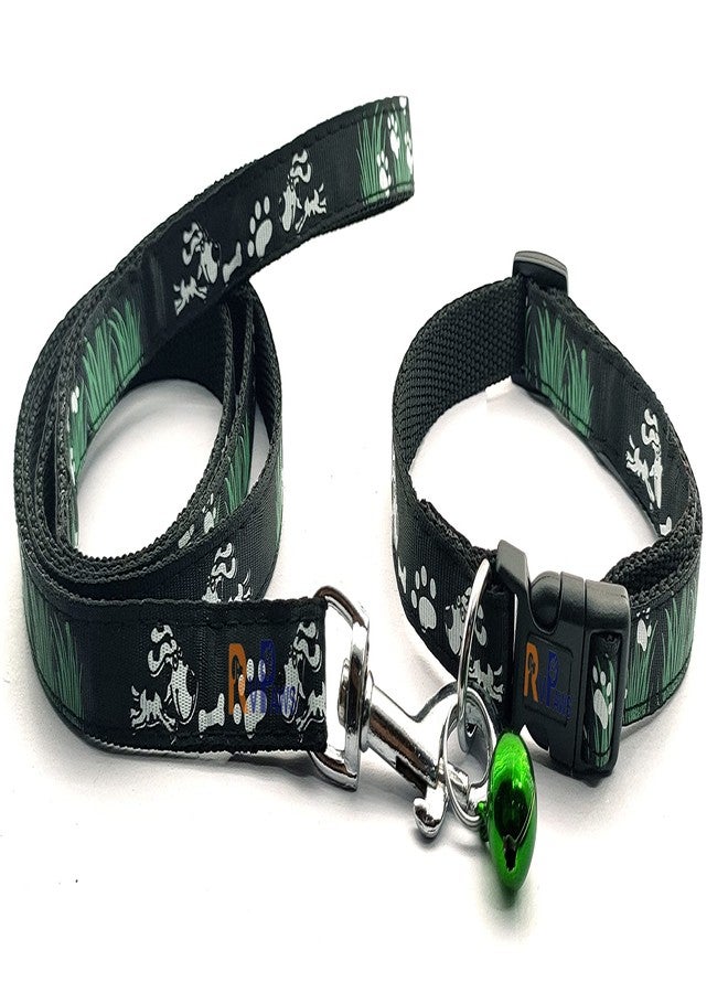Pups&Pets Dog Printed Collar and Leash Set 15 MM- Adjustable Nylon Collar with Bell for Small and Medium Dogs, Collar and Leash Set for Puppies, Dog & Cat (Black) - Image 1